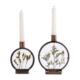 NIKKY HOME Nature Dried Flower Taper Candle Holders Set of 2, Vintage Decorative Metal Candlesticks Round Frame with Glass Centerpieces Decor for Dining Room Table Wedding Party Mantle Fireplace