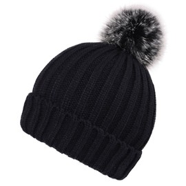Arctic Paw Heathered Cable Knit Beanie with Faux Fur Pompom Adult Black
