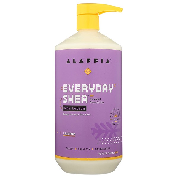 Alaffia EveryDay Shea Body Lotion - Normal to Very Dry Skin, Moisturizing Support for Hydrated, Soft, and Supple Skin with Shea Butter and Lemongrass, Fair Trade, Lavender, 32 Ounces