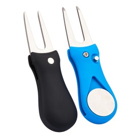 Golf Divot Repair Tool, 2 Pack Divot Fork with Magnetic Button Ball Marker, Stainless Steel Foldable Pop-up Divot Turf Fork Metal Putting Fork Golf Green Tool for Golfers, Black & Blue