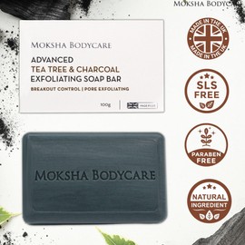 Tea Tree Oil and Charcoal Exfoliating Soap Bar - [Made In U.K] Exfoliating Body Scrub Soap for Spots Blackheads Pimples Blemishes Oily Skin | Paraben and Cruelty FREE-100g