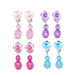Totority Clip On Earrings, 4 Pairs Children Shiny Crystal Pendant Set for Women Teens, Dangle Non Pierced Ear Clip Set, Cute Earrings