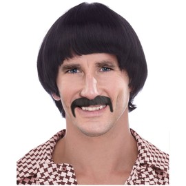 Black 60's Hippie Wig For Men Sonny Wig and Mustache Costume Set