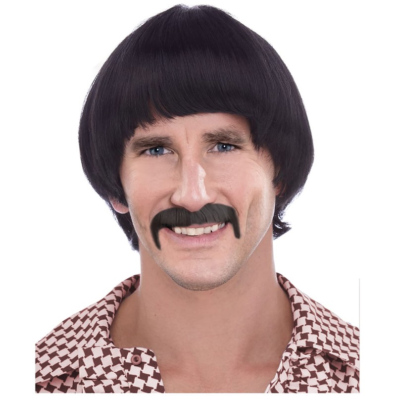 Black 60's Hippie Wig For Men Sonny Wig and Mustache