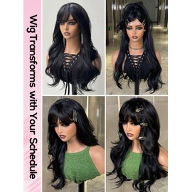 topshe dark brown wigs with bangs long curly heat resistant synthetic wigs for women Natural Looking Wavy Hair Daily Wear & Cosplay 24 Inch