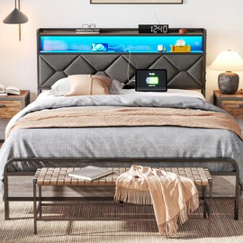 LINSY HOME Full Bed Frame, Upholstered Platform Frame with Storage Headboard, Metal Full Size Bed Frames with LED and Charging Station, No Box Spring Needed, Easy Assembly, Rustic Grey