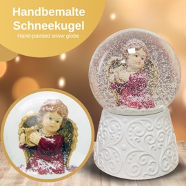 Christmas Snow Globe with Music, Red Angel with Harp Gold, Base White Ornaments, Height: 14 cm, W: 10 cm, Shaking Ball Christmas Decoration with Music Box, Silent Night, Holy Night, 20217