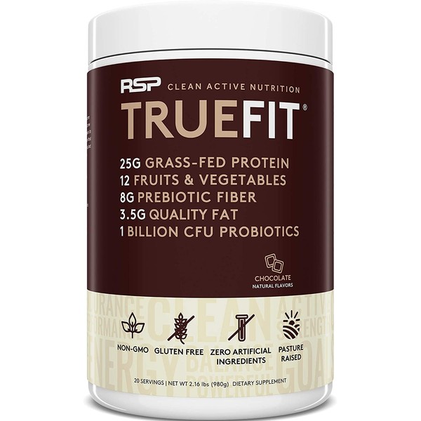 RSP TrueFit - Protein Powder Meal Replacement Shake, Premium Grass Fed Whey + Organic Fruits & Veggies, Fiber & Probiotics, Non-GMO, Gluten Free, Keto