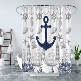 JOFKAXU Navy Blue Anchor Shower Curtain Vintage Nautical Coastal Sailboat Ocean Lighthouse Coral Rudder Starfish Shell Seahorse Beach Marine Life Sea Lover Bath Curtain with Hooks