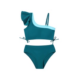 Naiyafly Girls 2 Piece Bikini Set Ruffles Shoulder Swimwear with Adjustable Straps Tropical Bikini Tops + Bottom Swimwear Beachwear Bathing Suit for Kid Teen 9-16 Years Lake Blue