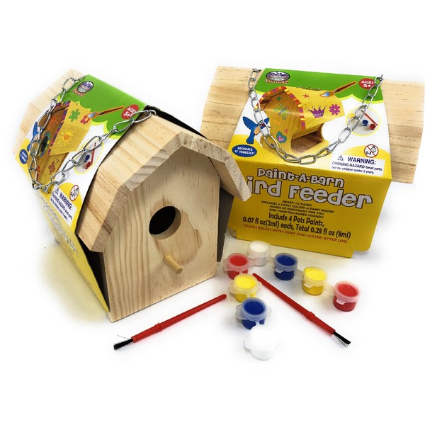 Matty's Toy Stop Paint-A-Barn Wooden Birdhouse & Bird Feeder (Includes Paints & Brushes) Gift Set Bundle - 2 Pack