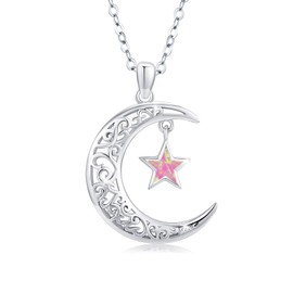 TRISHULA Moon Necklace with Opal Star Light,925 Sterling Silver Forever Love Sparkling Crescent Jewelry Gift for Women Teen (03# Pink Opal)