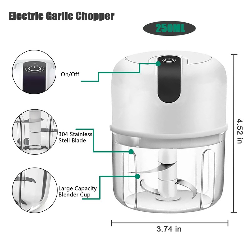 White 3 CUP Electric mini garlic crusher, USB rechargeable portable