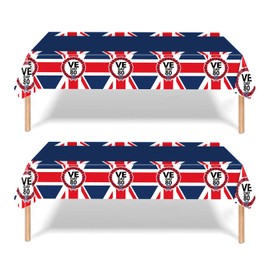 2Pcs VE Day 80th Tablecloth, Union Jack Flag Tablecloth, 137*274cm Table Covers Plastic Table Cloth with Union Jack Flag,UK Tablecover for 80 Years Anniversary Victory In Europe RAF WW2 1945