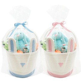 2 Pack Large Woven Easter Baskets for Kids - Boy & Girl Options, Empty Basket with Gift Bags and Ribbons Cute Easter Decorations Bunny Ears Designs (Pink+Blue)