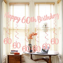 bng-bng 60th Birthday Decorations for Women with Happy 60th Birthday Banner Hanging Swirls Streamers for Women Lady Age 60 Sixty Years Old Birthday Anniversary Party Decor Supplies Rose Gold