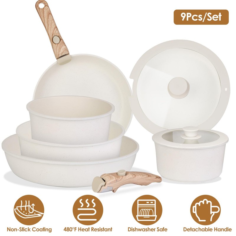 ChefPro 9Pcs Nonstick Aluminum Cookware Set with Detachable Handles