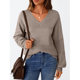 LILLUSORY Womens V Neck Sweaters Pullover 2025 Fall Fashion Casual Long Sleeve Knit Crochet Business Casual Tops Cute Trendy Winter Clothes Outfits Clothing Heather Tan