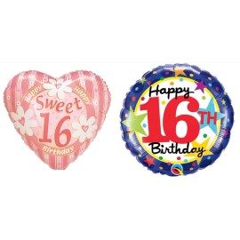 Anagram, Qualatex Happy 16th Birthday or Sweet Sixteen 18" Foil Mylar 16th Birthday Party Balloons - Sweet Sixteen-Pink Heart