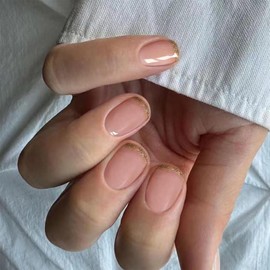 24pcs Short False Nails with Glitter Gold Edge Press - on Nails Set, French - Style Short Square round False Stick on for Women, Fake with Glue, Nail Art Accessories