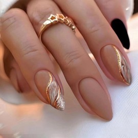 Almond Press on Nails Medium Fake Nails Nude False Nails with Designs Gold Glitter Line Glue on Nail Marble Full Cover Acrylic Nails Brown Matte Stick on Nail for Women 24 Pcs