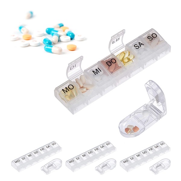 4 x 7 Day Medicine Box with Pill Cutter Home Travel Weekly Pill Box Transparent Black