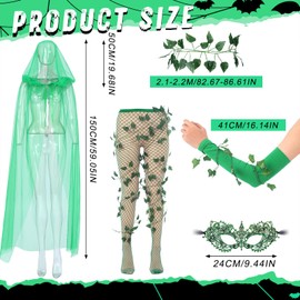 ShinyMatch 7 Piezas Disfraces Verdes de Halloween para Mujer Adulta Capa, Vendaje para el Brazo, Guantes Verdes, Medias de Rejilla y Antifaz Conjunto de Accesorios para Cosplay de Vides