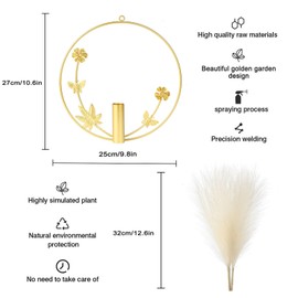OLINLIFE 2 Park Gold Wall Decor, Wall Metal Elegant Decoration Holder with Artificial Pampas Grass for Home Decor, Wall-Mounted Wall Art Decor Living Room, Dining room, Farmhouse, Boho