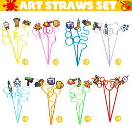 24 Art Drinking Crazy Straws for Kids | Art Themed Artist Birthday Party Supplies Favors Decorations with 24 PVC Painting Charm, 2 Cleaning Brushes Reusable Straw