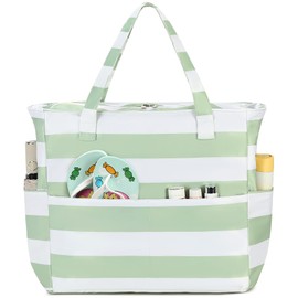 Waterproof Beach Tote Pool Bags for Women Ladies Extra Large Gym Tote Carry On Bag With Wet Compartment for Weekender Travel (Sage Green Stripe)
