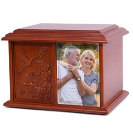 Double Urn for 2 Adults - Wooden Cremation Urn for Human Ashes Male Female Companion Urns for Ashes Women Men Carved 400 Lbs Large Hummingbird Urns with 4 x 6 Picture Frame