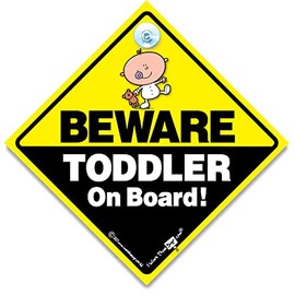 Beware Toddler On Board Car Sign, Baby on Board Sign, High Visibility Yellow and Black Suction Cup Car Window Sign Designed to Let Other Road Users There is a Baby on Board, 14 cm x 14cm x 2cm
