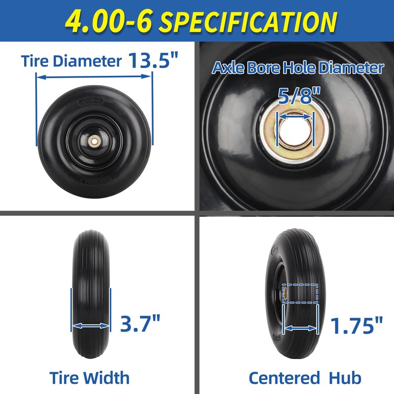 GICOOL 13" Wheelbarrow Tire, 4.00-6 Flat-free Solid Tire and Wheel,
