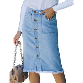 luvamia Women's Casual Mid Rise Button Down Frayed Raw Hem Stretchy Denim Midi Skirt Jean Skirt Light Blue Size Small