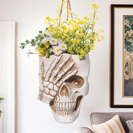 SeoatLink Skull Wall Planter, Hanging Skull Vase Unique Face Flower Pot Head Planters, Resin Skeleton Gothic Planter with Drainage Hole