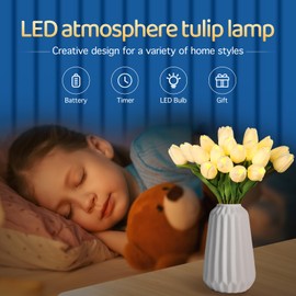 HOMESEASONS Pre-Lit 20pcs LED Lighted Fake Flowers Artificial Tulips Real Touch Tulip Bouquet 15" Faux Tulips for Easter Decor Spring Decor Mother's Day Home Kitchen Wedding Decorations(Cream)