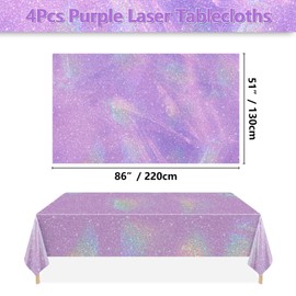 APUXXJUPA 4 Pcs Purple Laser Table Covers, Shiny Disposable Rectangle Purple Tablecloth for Iridescent Party Decorations Bridal Wedding Party Supplies, 51 x 86 inches