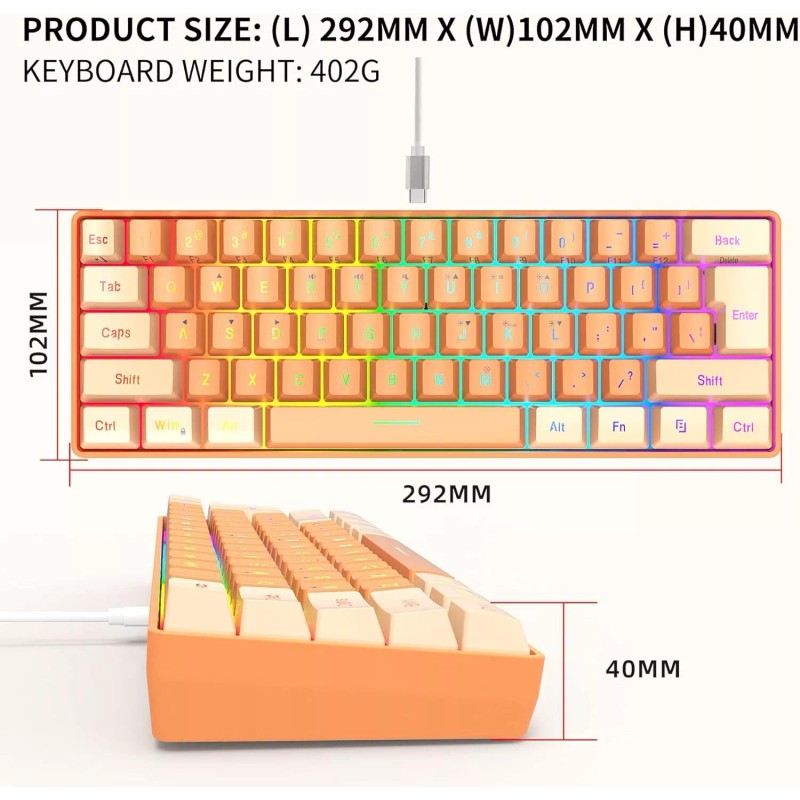Snpurdiri 60% Wired Gaming Keyboard, RGB Backlit (Cream and Orange)