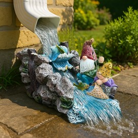 Gnome Statue Splash Block Gutter Downspout Extensions Garden Decor, Decorative of Gutters Downspout Rain Concrete Pond Splash Block, Elf Bro Downspout Statues with Waterwheel Accessory, 11.6"L x 6.9"W