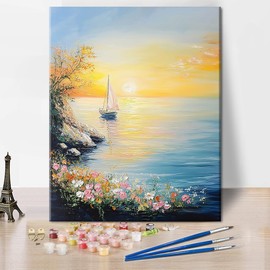 Paint by Numbers Sunrise Scenery on The Sea Painting Kits by Number for Adults on Canvas with Paintbrushes A Small Sailboat on The Calm Sea Craft Kits for Home Decor, 16 inx20 in