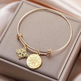 Witches Knot & Tetragrammaton Pentagram Pendant Bracelet for Women Stainless Steel Protection Charm Bangle Adjustable Witch's Knot Bracelet Occult Spiritual Inspired Jewelry (Gold)