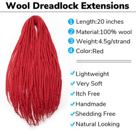 20 Inch Wool Dreadlock Extensions 20 Strands Double Ended Blonde Handmade Synthetic Hippie Wool Dreads Extensions Locs Style Crochet Hair for Women（Red, 20 Inches)