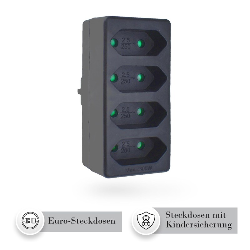 feletec 4-Way Socket Adaptor 4x Euro, Black, Multiple Plug, Multiple