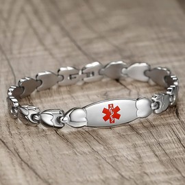 LinnaLove Medical alert Bracelet for Women-7 1/2 inches Fashion Double Heart Medical bracelets (silver, lymphedema alert)