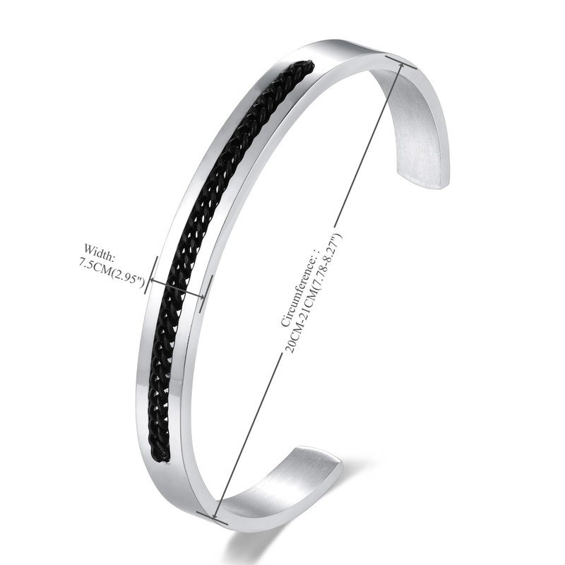 BIYONGDE Men's Stainless Steel Cuff Bracelet with Black Chain Inlay,