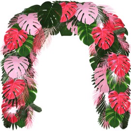 Giegxin 46 Pcs Tropical Artificial Palm Leaves Monstera Decoration Green Hot Pink Set for Flamingo Luau Hawaiian Aloha Theme Party Summer Beach Tropical Birthday Baby Shower Wedding Home Decor