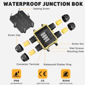 Junction Box Waterproof IP68.4 Way Junction Box, Waterproof Junction Box, Black Electrical Outdoor Distribution Box, Cable Gland, Earth Cable Junction Boxes, Terminal Box Outdoor for Cable Diameter 4