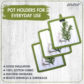 AMOUR INFINI Pot Holders Heat Resistant Cotton Set of 3 Nonslip 8"x8" Inch Hot Pads for Kitchen, BBQ, Baking & Cooking with Hanging Loops (Herb Garden)