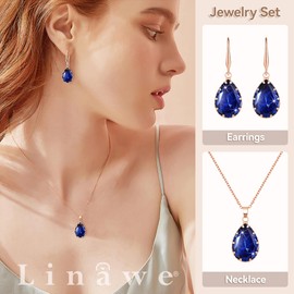 Jertom Austrian Crystal Jewelry Set 14k Gold Plated Teardrop Pendant Necklace and Pear Shape Dangle Earrings Collections for Women Girls, sapphire set rose, Brass Copper Gemstone, Sapphire Cubic