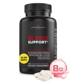 Livingood Daily Iron Supplement for Women & Men, Blood Support Formula with Chelated Iron, Methylated B12, Vitamin C, Zinc & Folate, Vegan, Non GMO, Gluten Free, Allergen Free, 30 Capsules